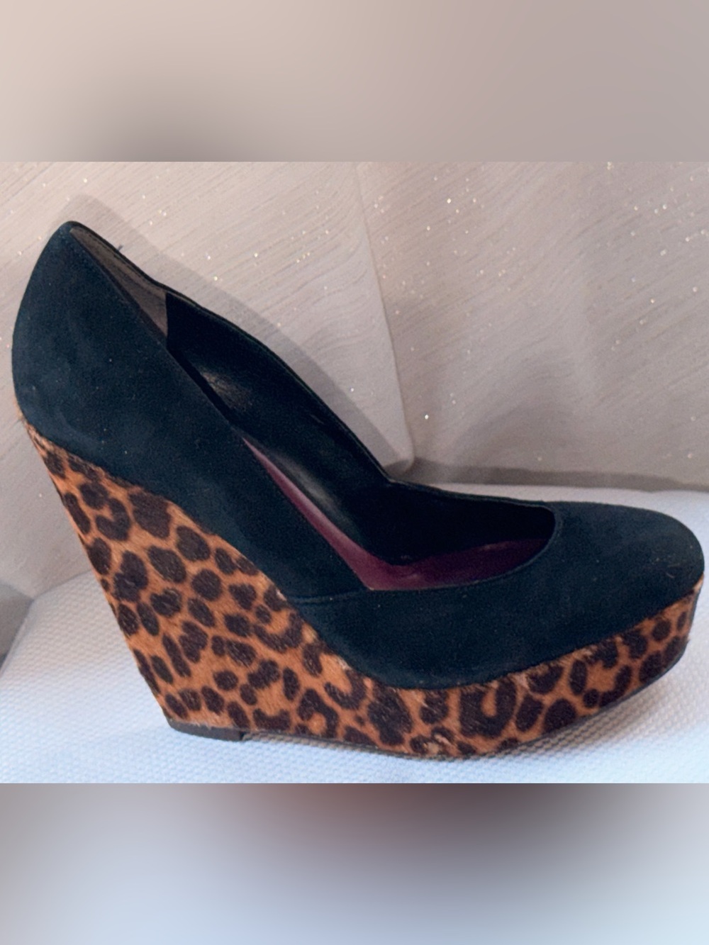 Nine West Black Suede Pumps with Leopard Faux Hair Wedge Heel